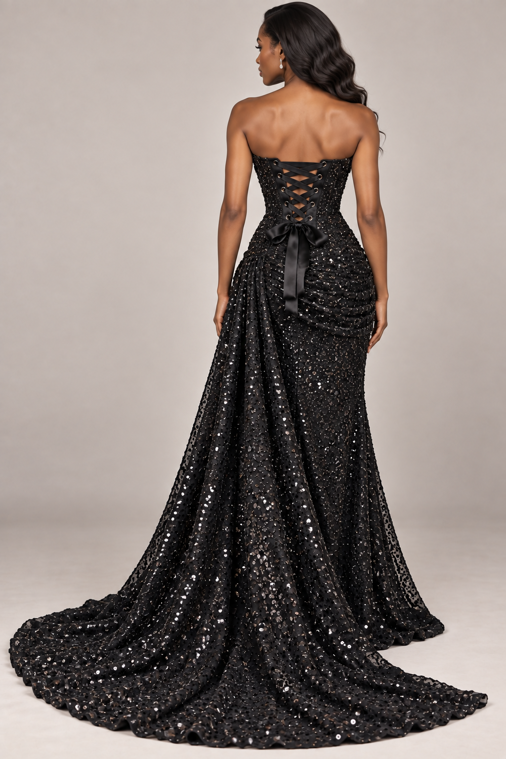 Elegant Black Sequinned Corset Gown