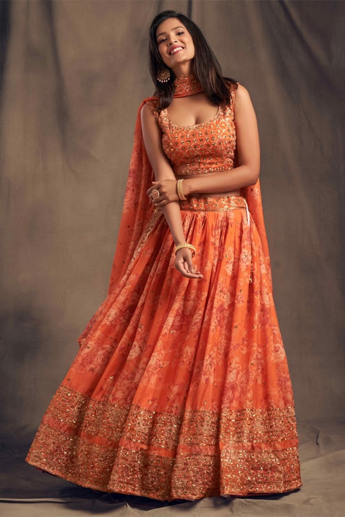 Orange Embroidery Organza Lehenga Set