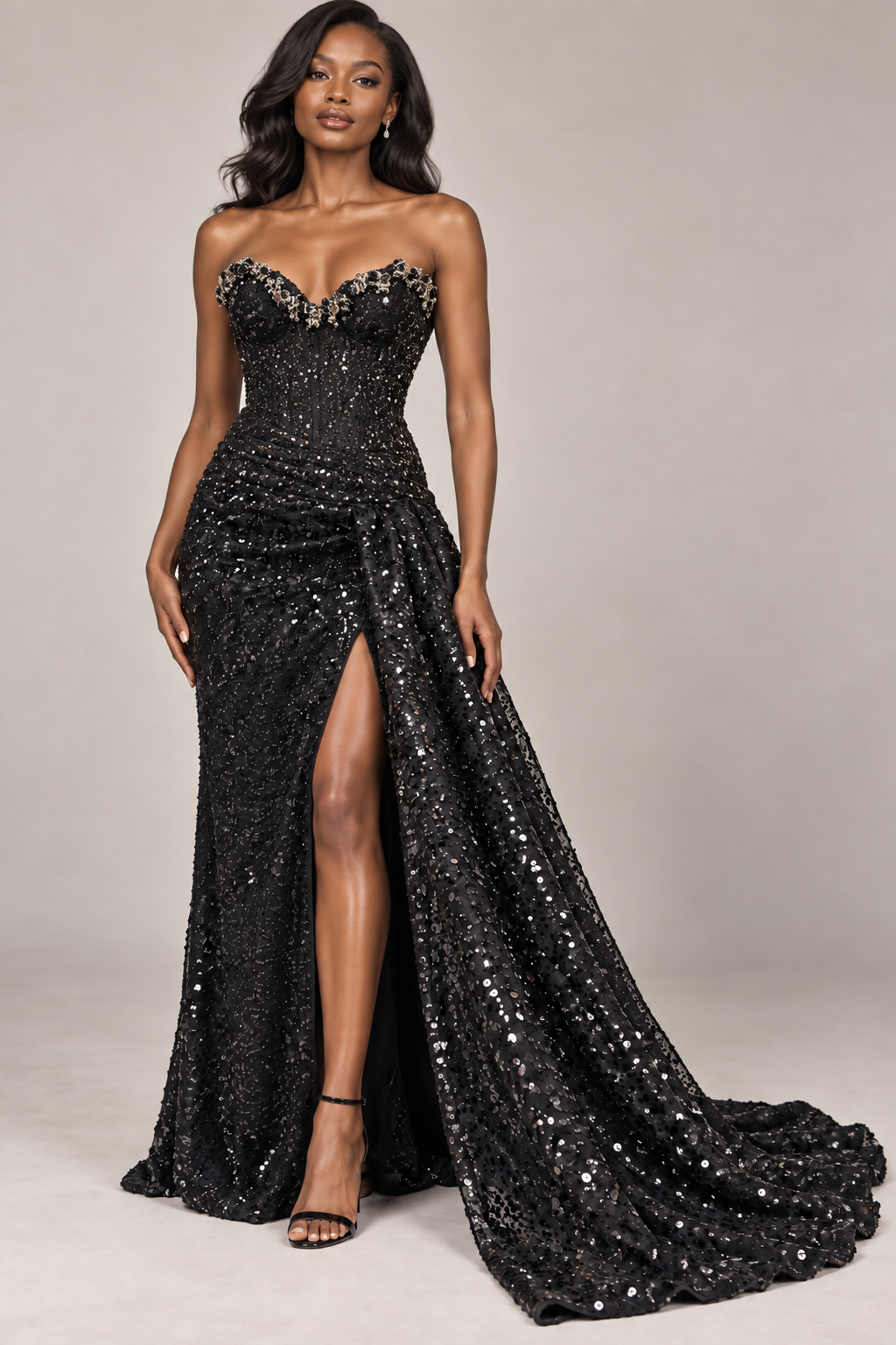 Elegant Black Sequinned Corset Gown